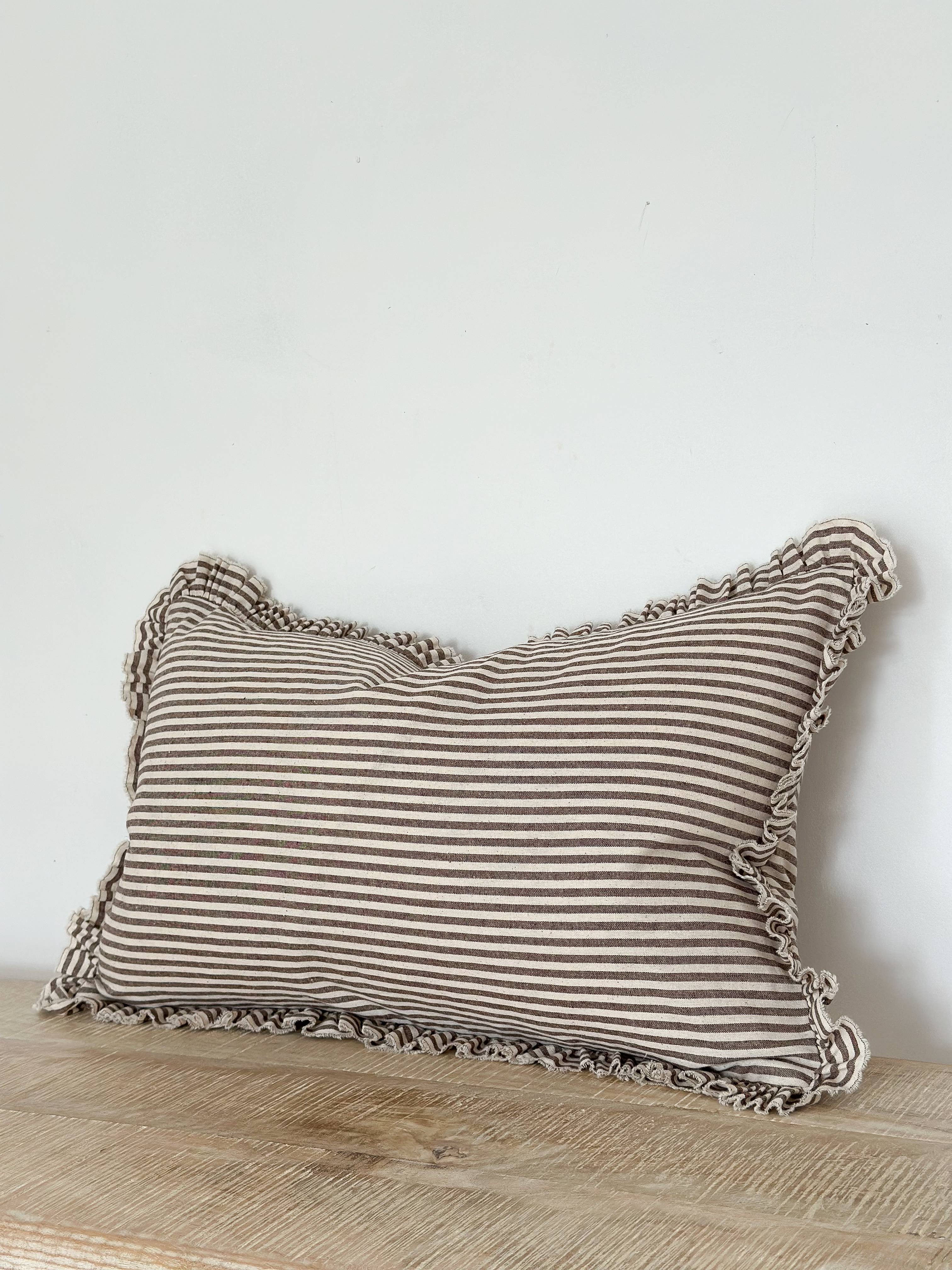 Darcy  Ruffle Cotton Cushion Cover 50x30 – Dark Brown Stripe