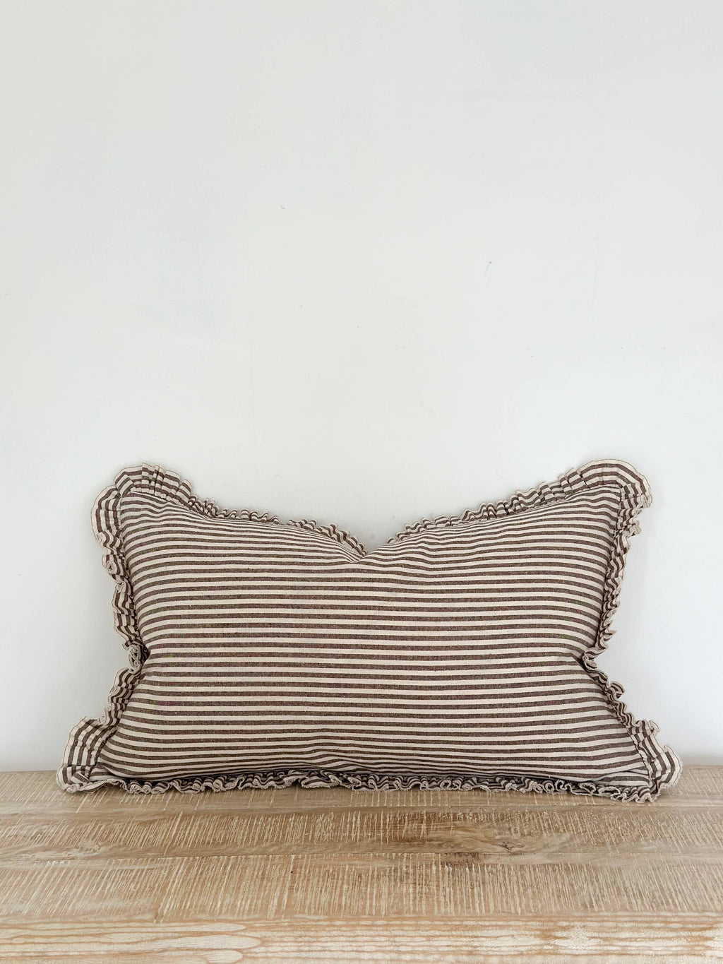 Darcy  Ruffle Cotton Cushion Cover 50x30 – Dark Brown Stripe