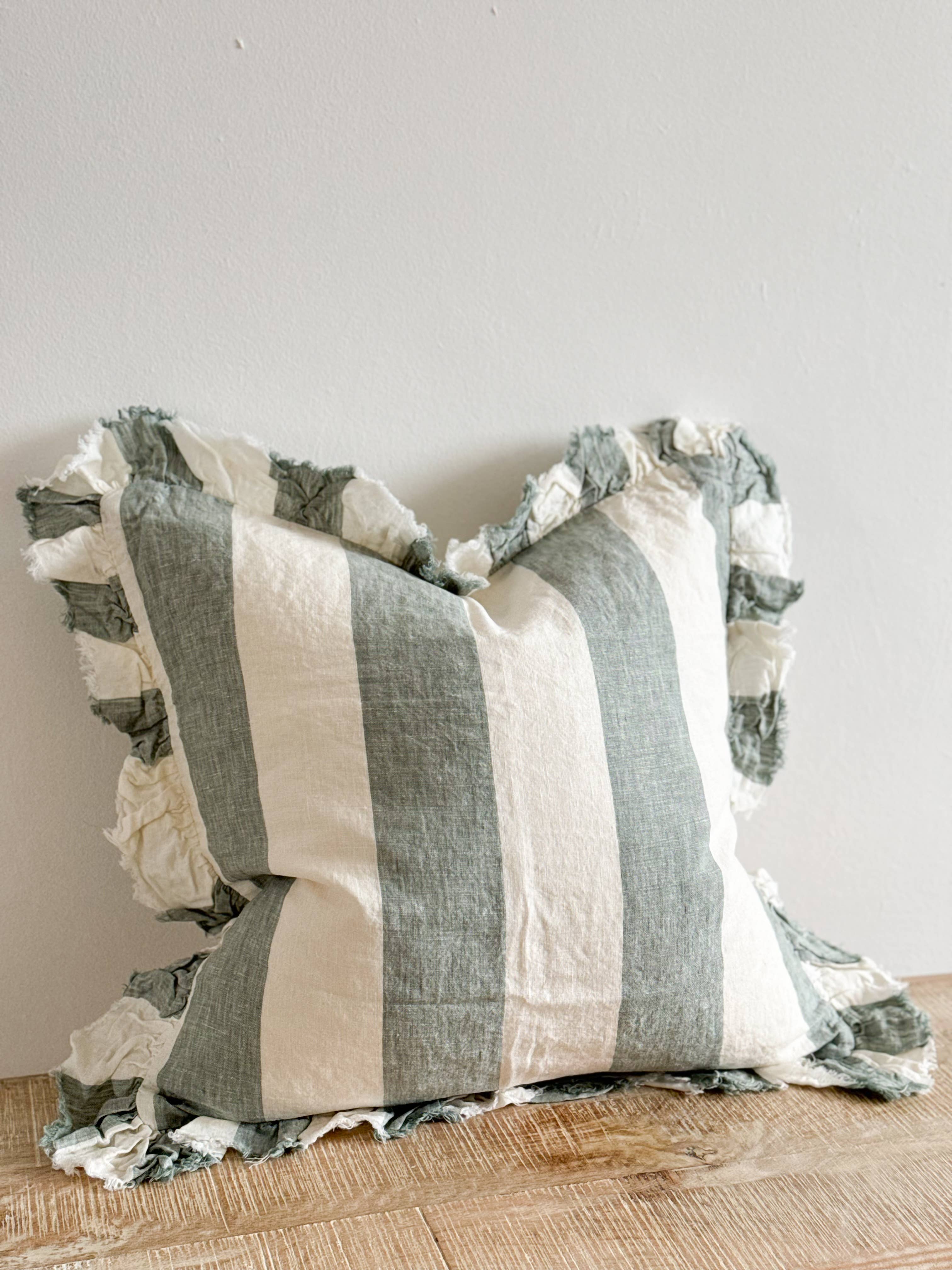 Hallie Ruffled Linen Cushion Cover – Teal Wide Stripe: 45 x 45 cm