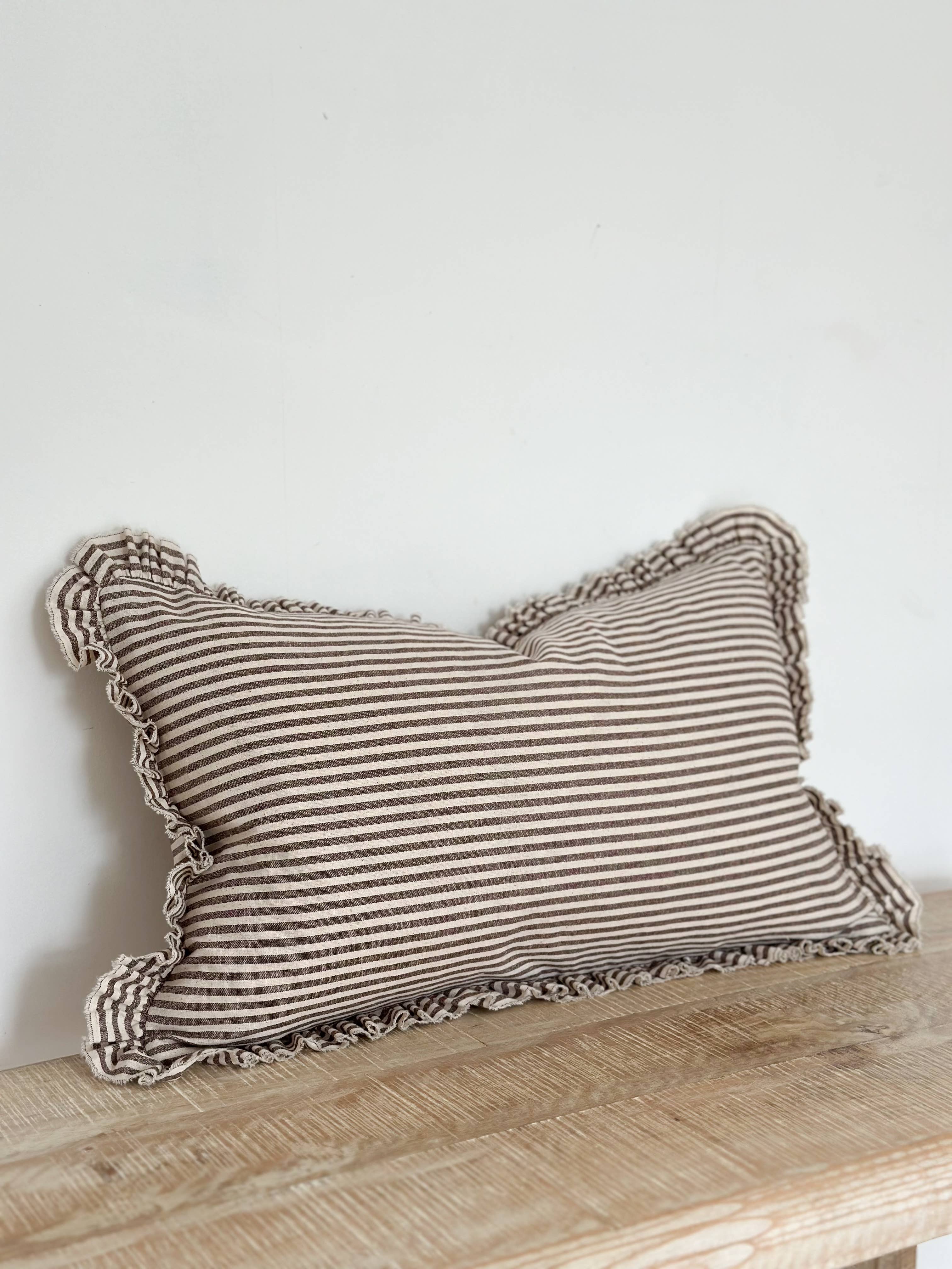Darcy  Ruffle Cotton Cushion Cover 50x30 – Dark Brown Stripe