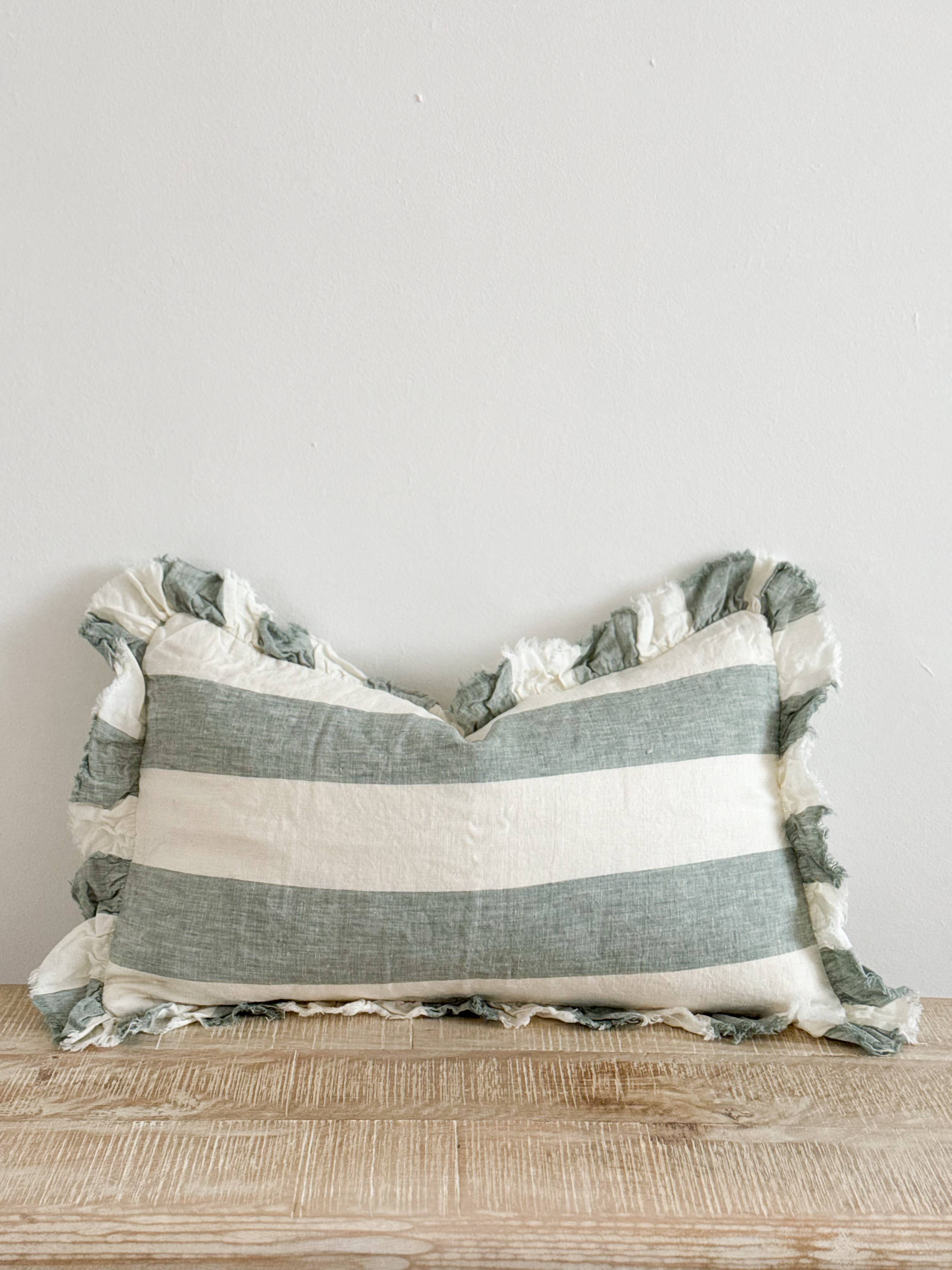 Hallie Ruffled Linen Cushion Cover – Teal Wide Stripe: 45 x 45 cm