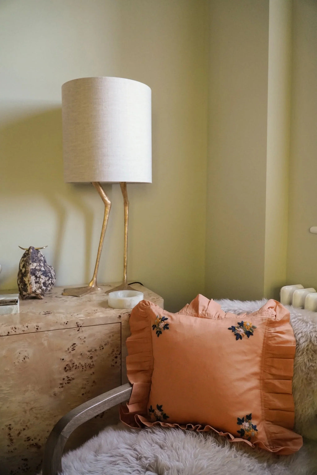 Embroidered Ruffle Cushion made with Linen Liberty Fabric TURMERIC