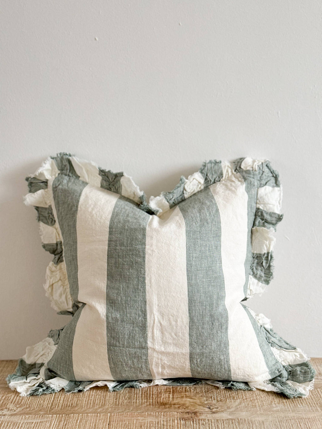 Hallie Ruffled Linen Cushion Cover – Teal Wide Stripe: 45 x 45 cm