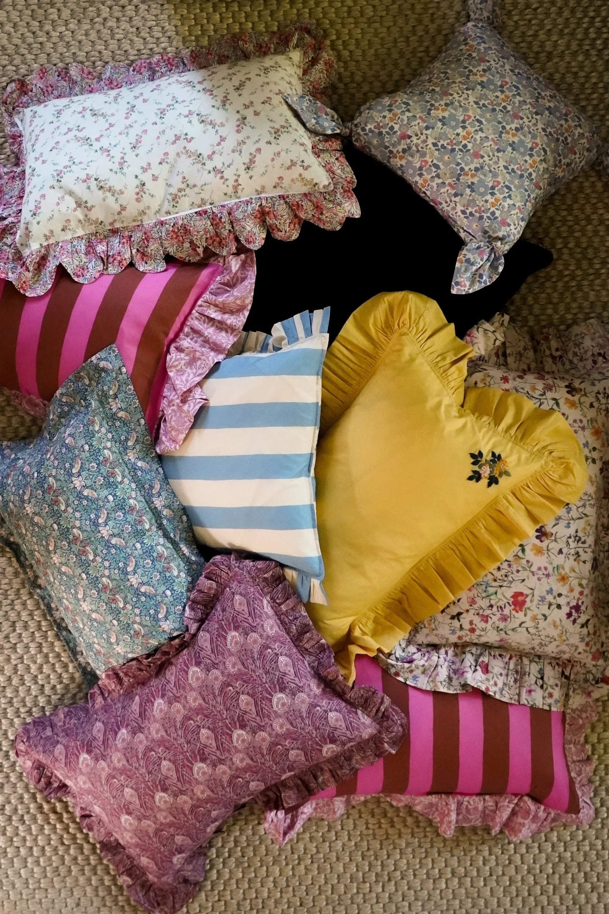 Embroidered Ruffle Cushion made with Linen Liberty Fabric TURMERIC